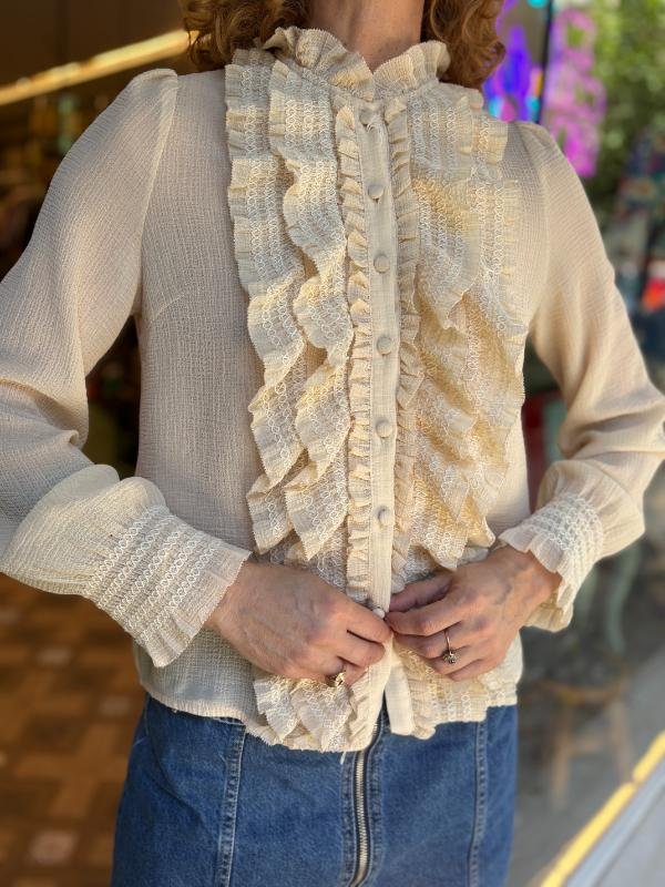 vintage romantic semi sheer ivory shirt with frills on the front part