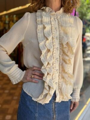 Alternative view of vintage romantic semi sheer ivory shirt with frills on the front part