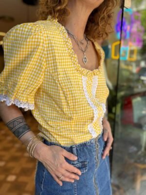 Alternative view of vintage tyrolean checked yellow top