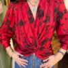 80's vintage red floral drapped top/shirt with padded shoulders and V neck