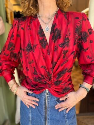 80's vintage red floral drapped top/shirt with padded shoulders and V neck