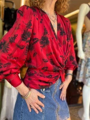 Alternative view of 80's vintage red floral drapped top/shirt with padded shoulders and V neck