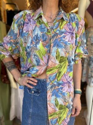 vintage tropical patterned shirt with padded shoulders