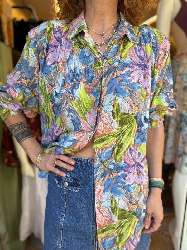 vintage tropical patterned shirt with padded shoulders