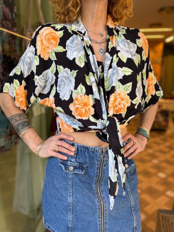 vintage floral crop shirt with padded shoulders