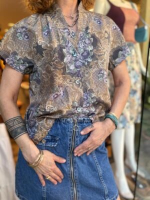 vintage patterned silk shirt with V neck