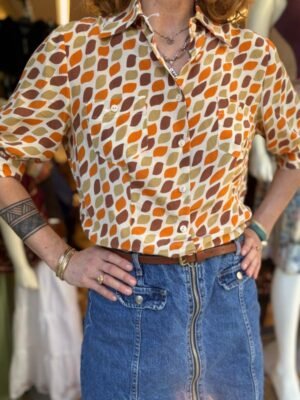 vintage silk patterned shirt with puff sleeves
