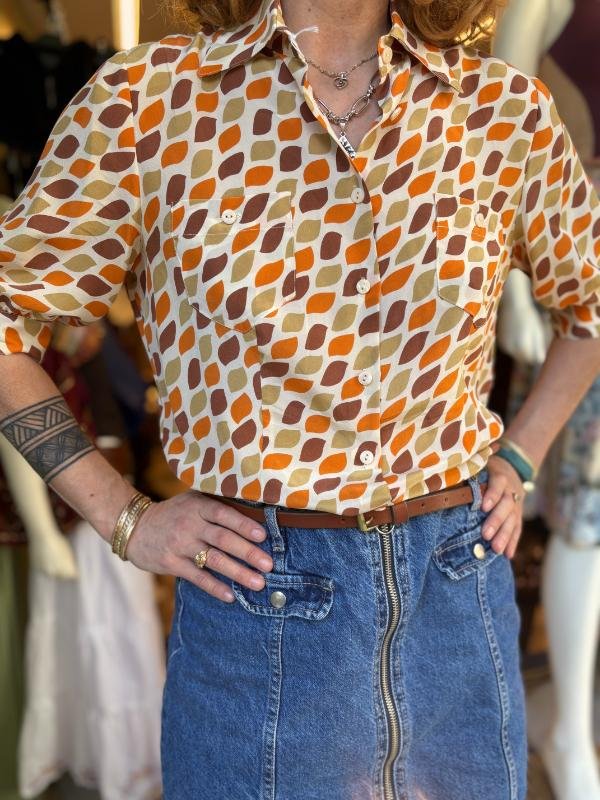 vintage silk patterned shirt with puff sleeves