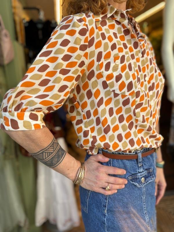 vintage silk patterned shirt with puff sleeves - Image 2