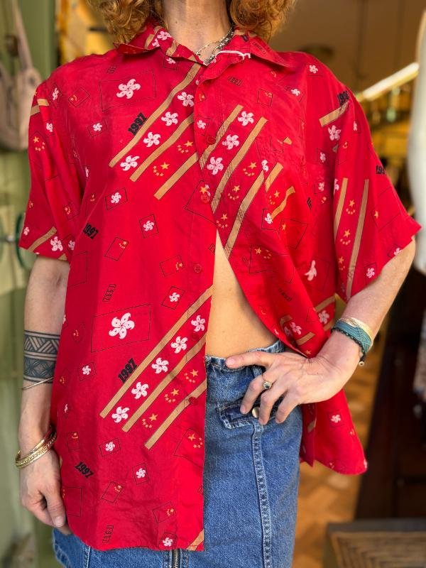 vintage silk red patterned shirt - Image 3