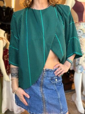 vintage green & black polka dot asymetric top/shirt