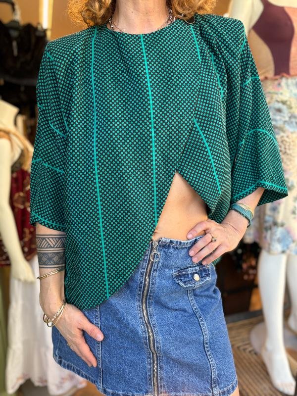 vintage green & black polka dot asymetric top/shirt
