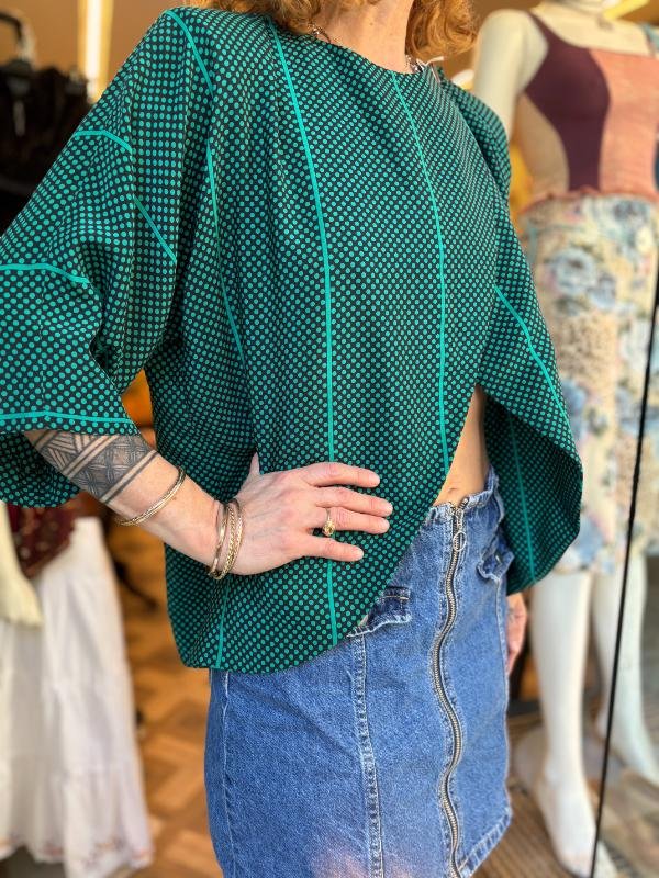 vintage green & black polka dot asymetric top/shirt - Image 3