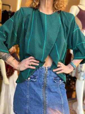 Alternative view of vintage green & black polka dot asymetric top/shirt