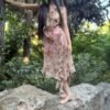 vintage asymmetric mermaid sheer beige floral dress with frills on hem