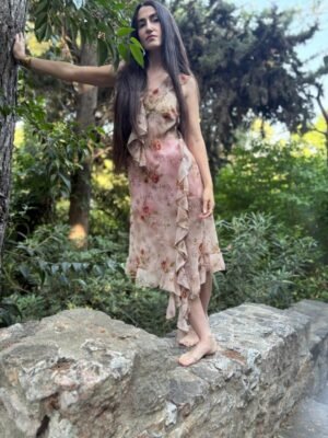 vintage asymmetric mermaid sheer beige floral dress with frills on hem