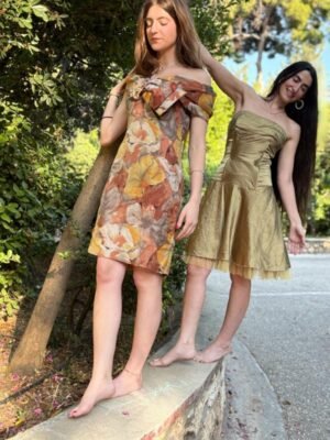vintage gold strapless dress with petticoat and tie back detail - Image 5