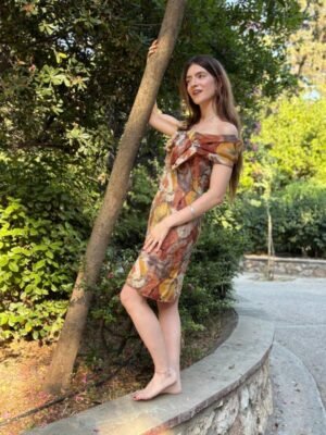 vintage silk off shoulder floral  dress with drapped neckline - Image 4