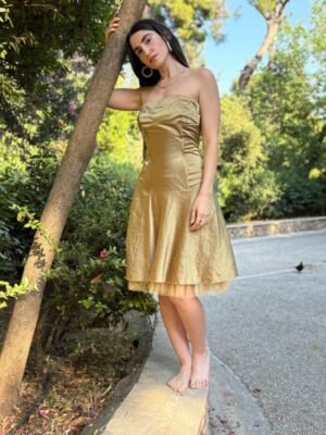 vintage gold strapless dress with petticoat and tie back detail