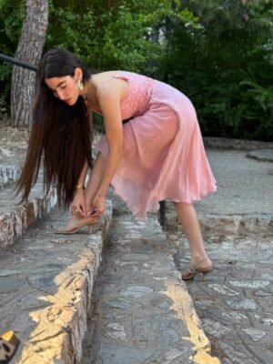 vintage handmade silk baby pink dress featuring pleated top and flowy flare skirt - Image 7
