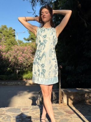y2k Rene Derhy silver-baby blue dress featuring sheer overlay with velvet floral patterns and tie back lace