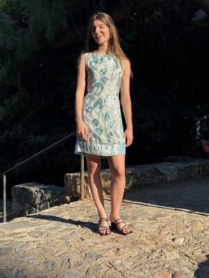 y2k Rene Derhy silver-baby blue dress featuring sheer overlay with  velvet floral patterns and tie back lace - Image 6
