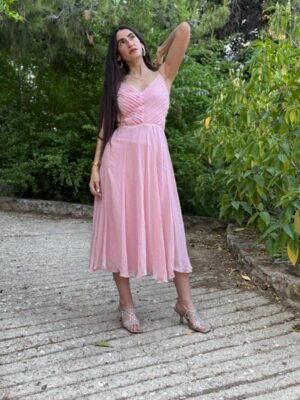vintage handmade silk baby pink dress featuring pleated top and flowy flare skirt - Image 6