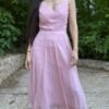 vintage handmade silk baby pink dress featuring pleated top and flowy flare skirt