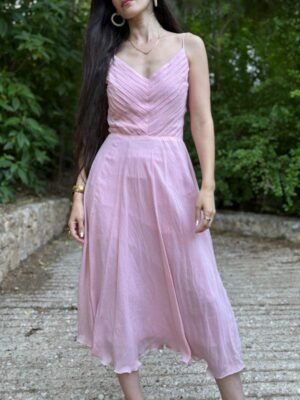 vintage handmade silk baby pink dress featuring pleated top and flowy flare skirt