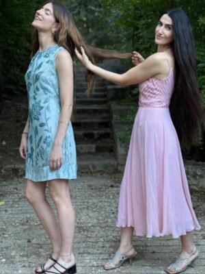 vintage handmade silk baby pink dress featuring pleated top and flowy flare skirt - Image 9