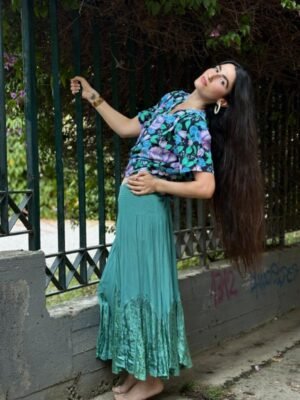 y2k sage mermaid skirt featuring lace and satin parts on hemline and elastic waist - Image 2