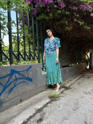 y2k sage mermaid skirt featuring lace and satin parts on hemline and elastic waist - Image 4