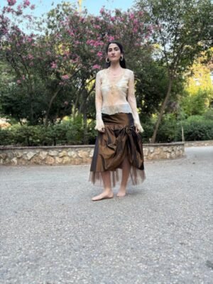 y2k dramatic bronze skirt with tulle hem and side bow detail