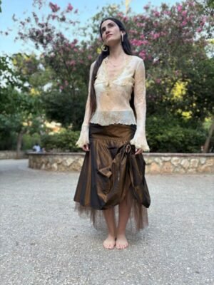 Alternative view of y2k dramatic bronze skirt with tulle hem and side bow detail