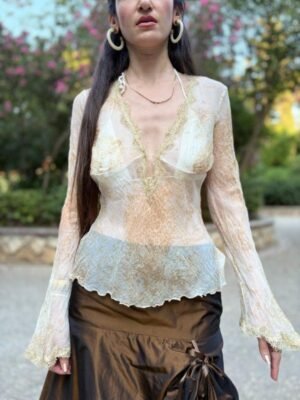 y2k sheer mesh top with gold lace details - Image 6