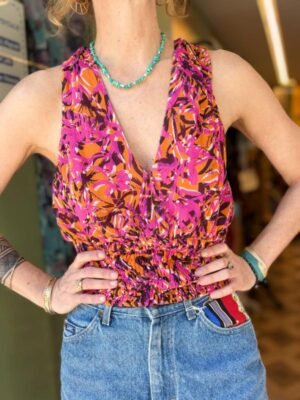 y2k Patrizia Pepe tropical print top featuring elastic waist & chain closure