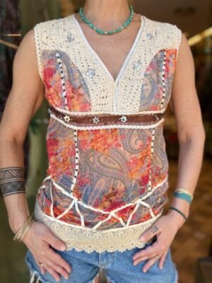 y2k viscose sheer boho top featuring crochet details