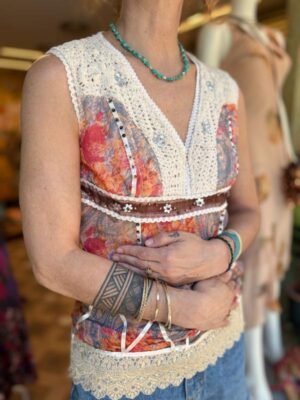 Alternative view of y2k viscose sheer boho top featuring crochet & lace  details
