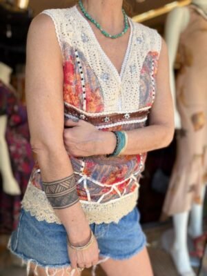 y2k viscose sheer boho top featuring crochet & lace  details - Image 3