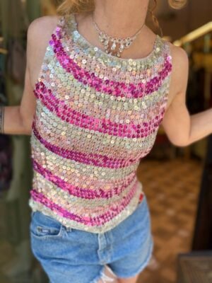 Alternative view of y2k knitted stripped sequin top (fuschia,pink,white)