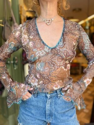 y2k fairy floral mesh top with metallic fibres