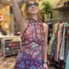 y2k silk sheer floral turtle neck top with back lace
