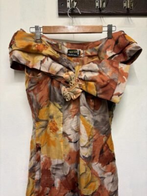 vintage silk off shoulder floral  dress with drapped neckline - Image 3