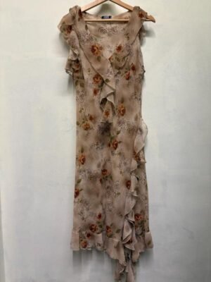 Alternative view of ysk asymmetric mermaid sheer beige floral dress with frills on hem