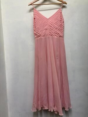 Alternative view of vintage handmade silk baby pink dress featuring pleated top and flowy flare skirt