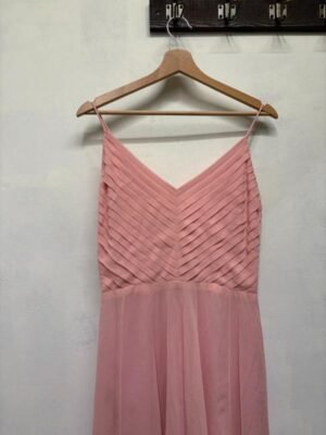 vintage handmade silk baby pink dress featuring pleated top and flowy flare skirt - Image 4