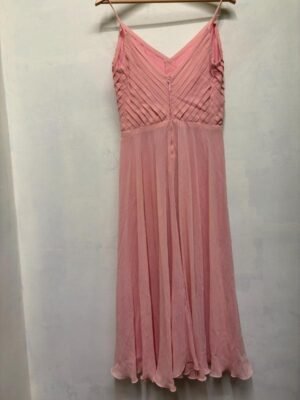 vintage handmade silk baby pink dress featuring pleated top and flowy flare skirt - Image 3