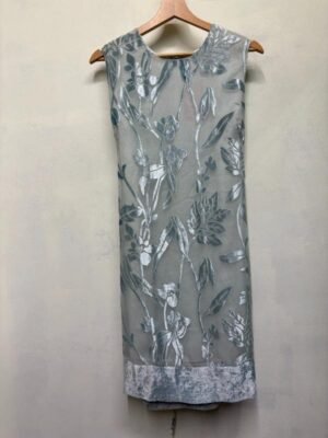 Alternative view of y2k Rene Derhy silver-baby blue dress featuring sheer overlay with  velvet floral patterns and tie back lace