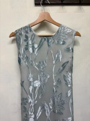 y2k Rene Derhy silver-baby blue dress featuring sheer overlay with  velvet floral patterns and tie back lace - Image 4
