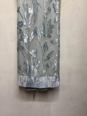 y2k Rene Derhy silver-baby blue dress featuring sheer overlay with  velvet floral patterns and tie back lace - Image 5